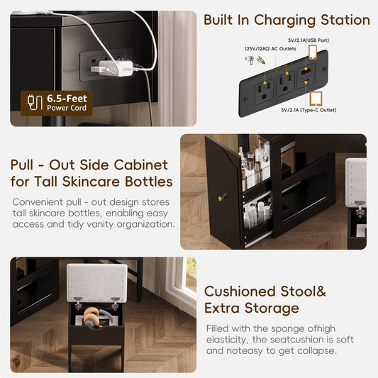 Corner Vanity Desk Set With Storage Cushioned Stool And Charging Station, Triangle Makeup Desk With Removable Pull-Out Side Cabinet, Glass Tabletop Makeup Vanity Desk With Drawer And Shelf, Black