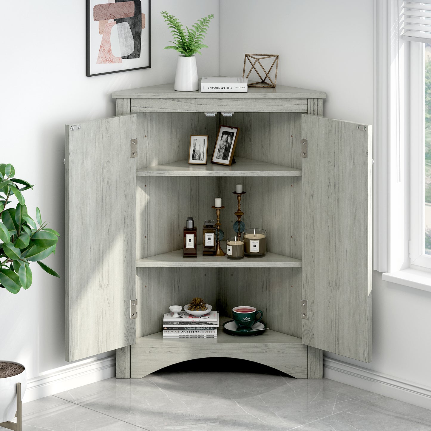 Oak Triangle Bathroom Storage Cabinet With Adjustable Shelves, Freestanding Floor Cabinet For Home Kitchen