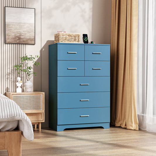 Wooden 7-Drawer Storage Cabinet With Built-In Outlet Durable Organizer For Bedroom, Living Room, And Office