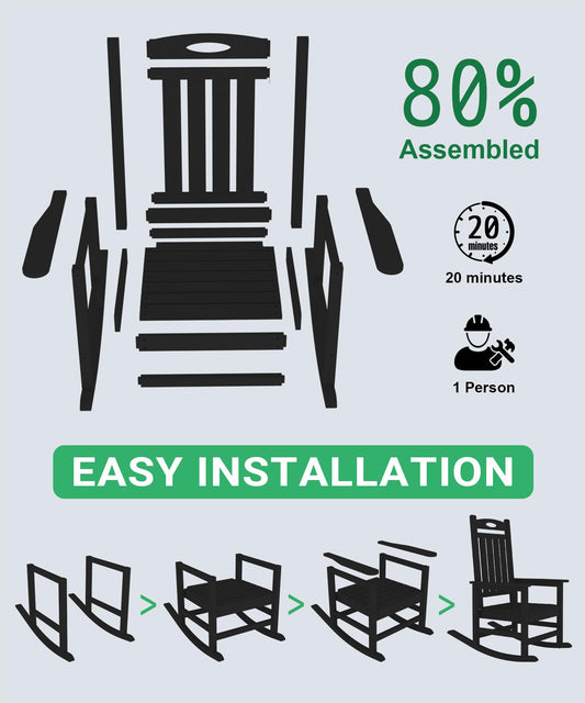 Outdoor Rocking Chair Set Of 2, HDPE Patio Rocking Chair For Adults, Oversized Outdoor Rocker For Porch Garden Lawn,Black