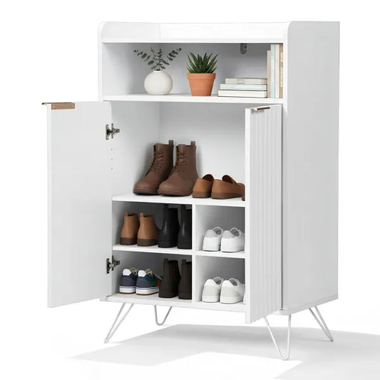 Shoe Cabinet With Grille Panel, Two Doors, Open Top, And Two Hooks On The Legs, Particleboard Cabinet Body, MDF Vacuum-formed Doors, 68x40x106mm, White