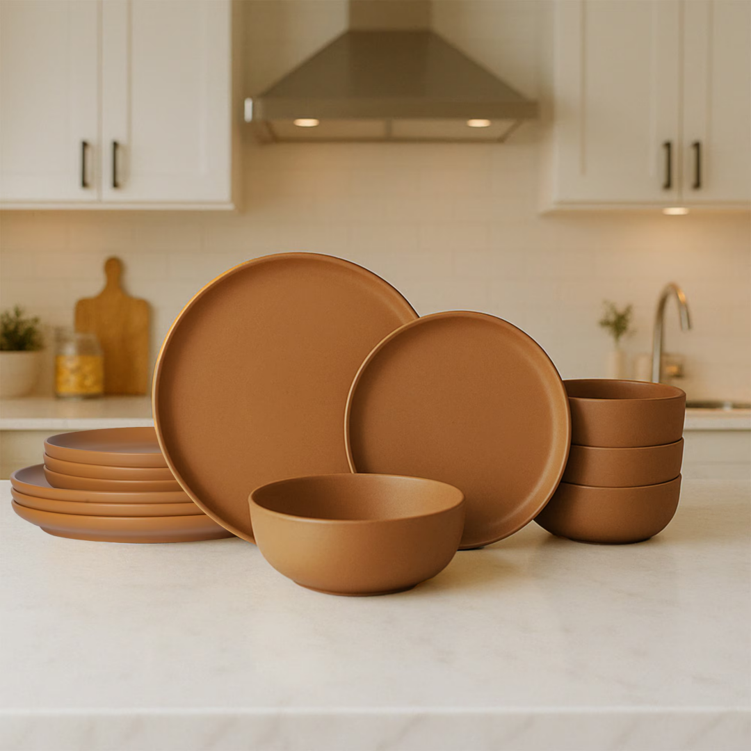 12-Piece Stoneware Dinner Plates Bowls Sets Microwave & Dishwasher Safe Non-Toxic Dinner Plates Bowls Set Stackable Matte Glaze Kitchenware For 4
