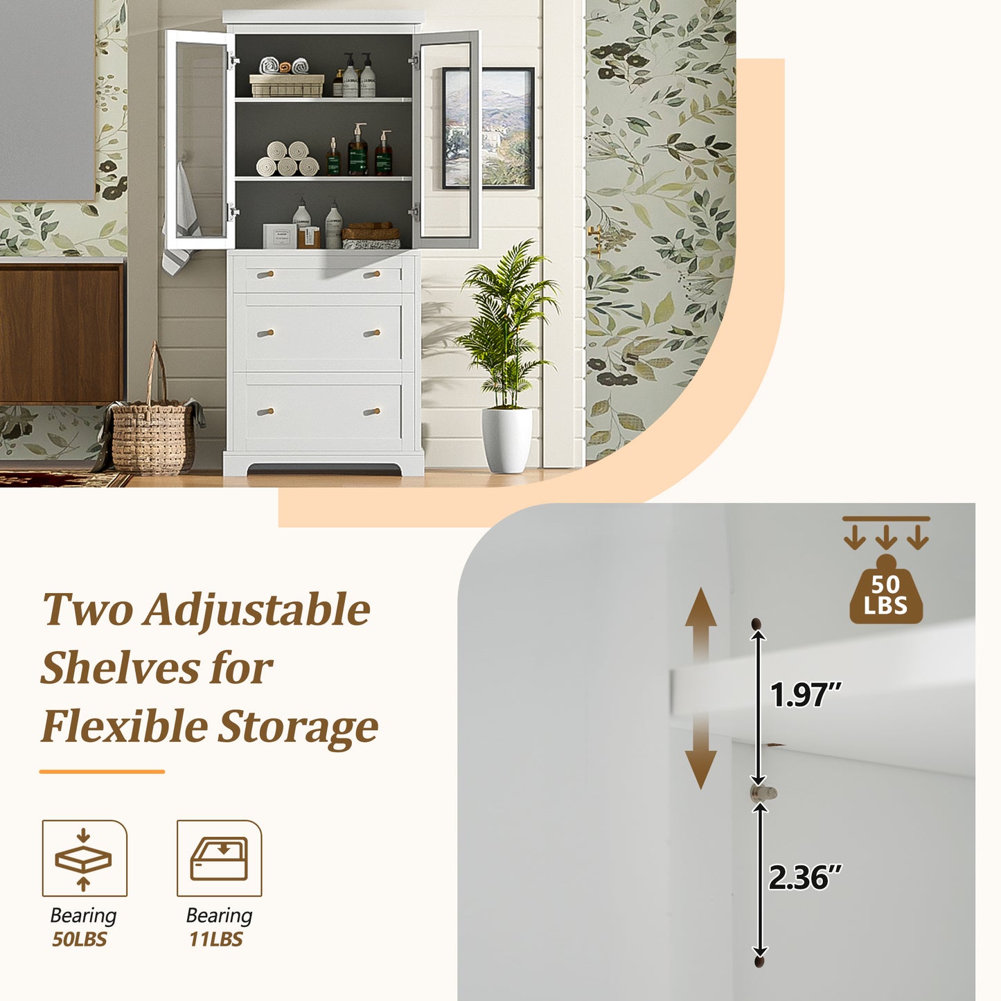 70.1 Modern High Freestanding Tall Bathroom Cabinet With 2 Adjustable Shelves, 3 Drawers, Soft Close Glass Doors -Ideal For Bathroom, Living Room, Kitchen Storage