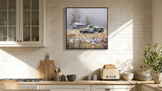 Farmhouse Old Truck Canvas Wall Art, Old Barn Pictures Wall Art, Country Antique Pickup Truck Canvas Prints, Blue Truck With Red Floral Flower Art Prints For Farmhouse Spring Decor 24 Hx24 W Inches