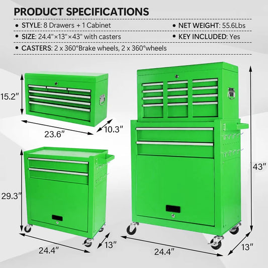 8-Drawer Rolling Tool Chest - 2-in-1 Lockable Tool Box With Wheels, Sliding Drawers & Detachable Top - Garage & Workshop Storage Cabinet, Green