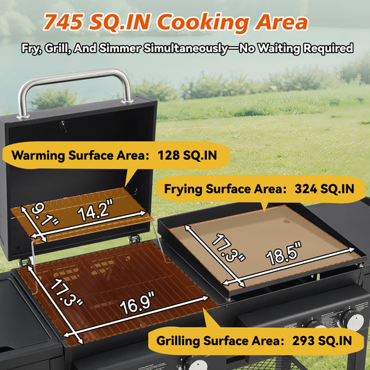 All-in-One Propane Gas Grill With Grilling & Griddling Functions, 745 Sq.Inch Cooking Space, 5 Burners, 56000 BTU Propane Grill, Heavy-Duty Stand For Barbecue & Outdoor Cooking