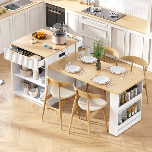 K&K 82.6 Fluted Kitchen Island With Extendable Dining Table For 4 6, Island Table For Kitchen With Power Outlet, Kitchen Table With Double Side Storage, 2 Drawers 2 Side Open Shelves, White