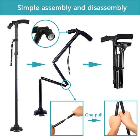 LED Walking Stick Cane Safety All Terrain Pivoting Base Folding Cane Travel