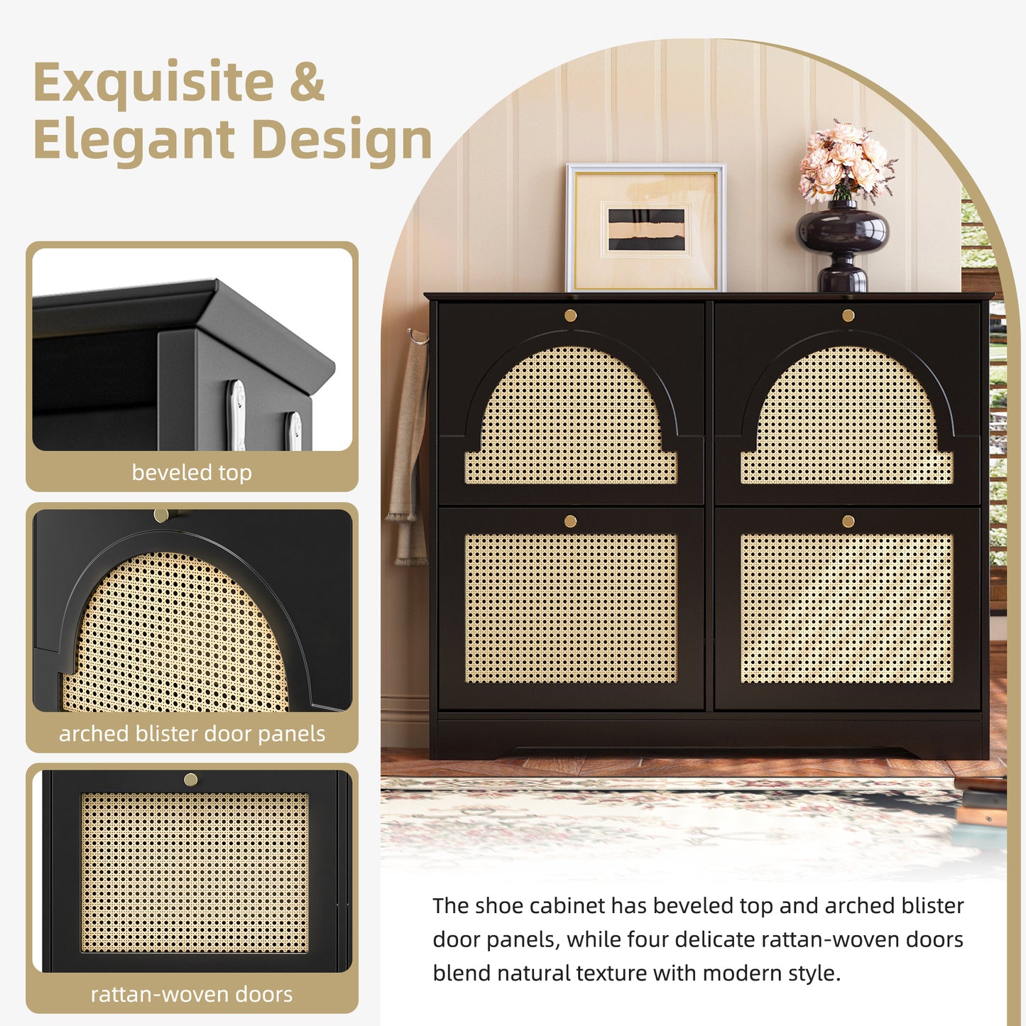 Mid-Century Narrow Design Tipping Bucket Shoe Cabinet With 4 Flip Drawers, Elegant Entryway Shoe Organizer With 4 Rattan Doors, Freestanding Shoe Rack With 2 Silvery Hooks For Hallway, Black, 42.1 W