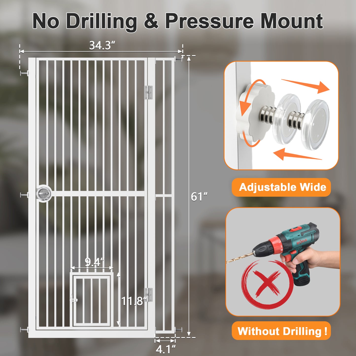 61 Extra Tall Cat Gate For Doorway , Adjustable Wide 34.3 -36.7 And Included 4.13 Extension Kits, Suitable For Doorways Or Kitchen, No Drilling Pressure Mount Kit, White