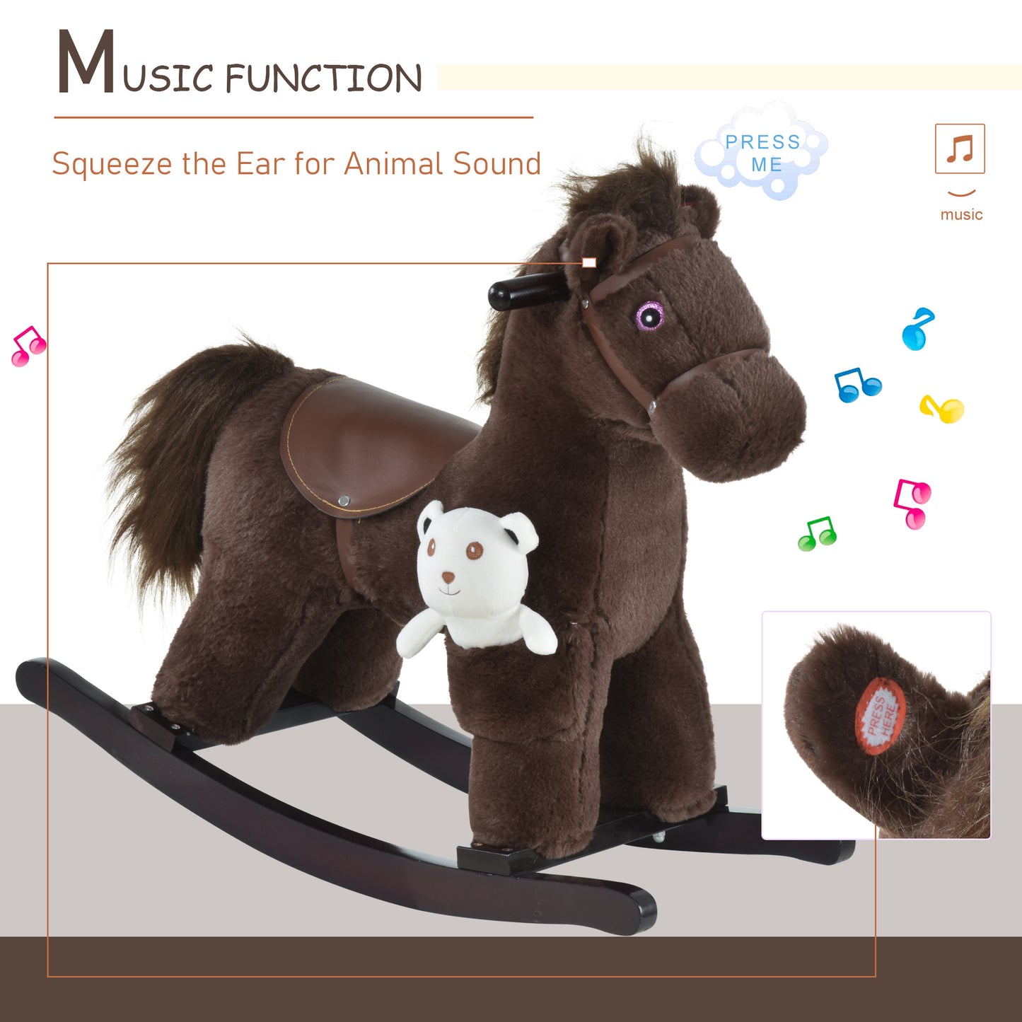 Kids Plush Ride-On Rocking Horse With Bear Toy, Children Chair With Soft Plush Toy & Fun Realistic Sounds, Brown