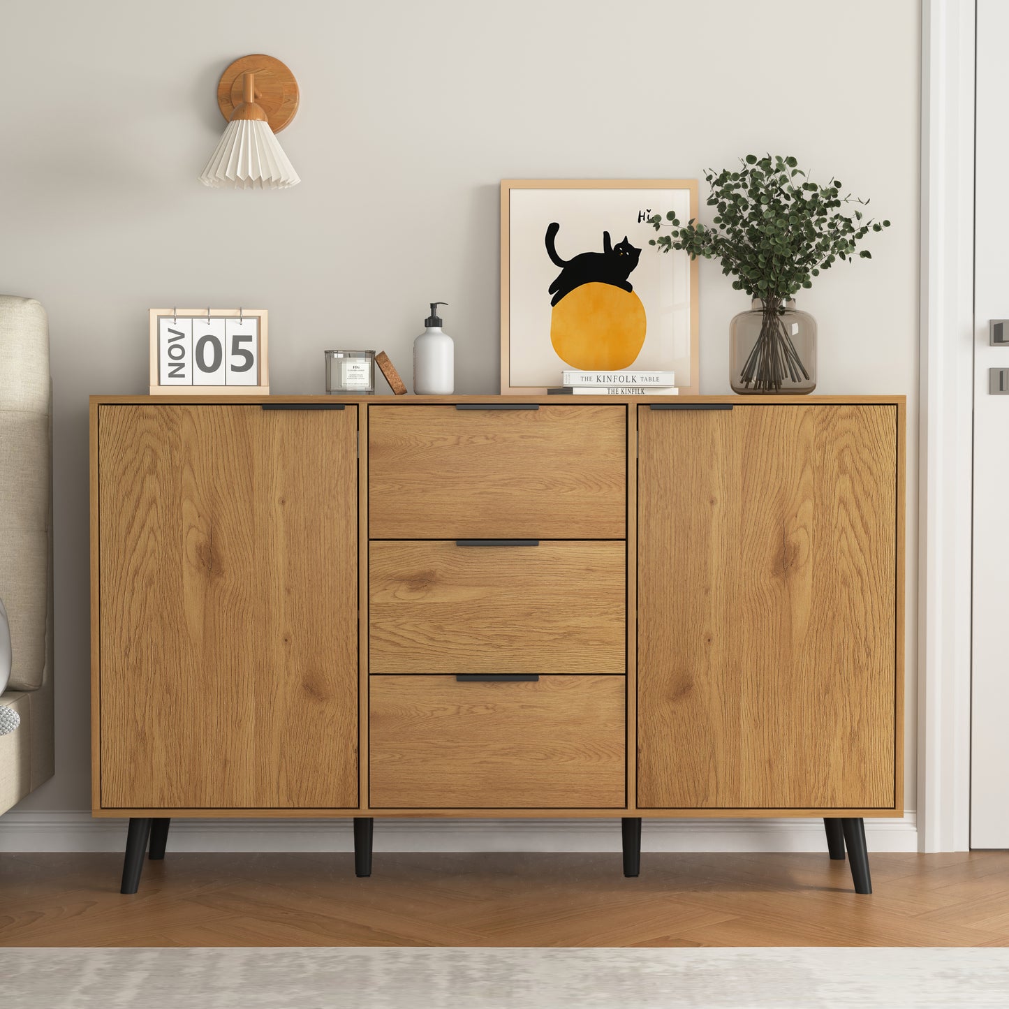 Sideboard Buffet Cabinet With Storage, Wood Coffee Bar Cabinet, 47.2 Kitchen Cabinet With 3 Drawers & 2 Doors, Kitchen Buffet Cabinet Cupboard Natural Wood Color