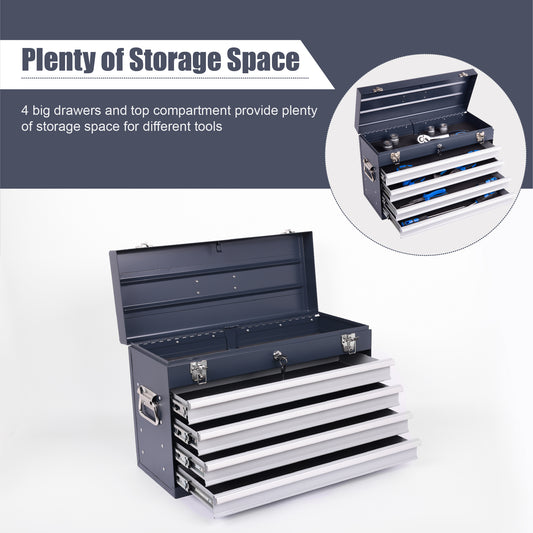 Heavy Duty Metal Tool Box, 21-inch, Portable Metal Tool Box With 4 Drawers, Small Tool Chest With EVA Liners, Ball Bearing Slide Drawers Locking & Powder Coated Finish, Multi-Function Tool Organizer