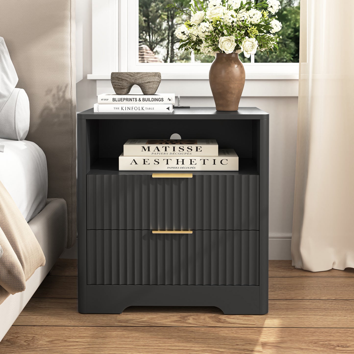 Nightstand With Charging Station, Smart Nightstand With Night Light,Bedside Tables With Storage Cabinet For Bedroom,Black
