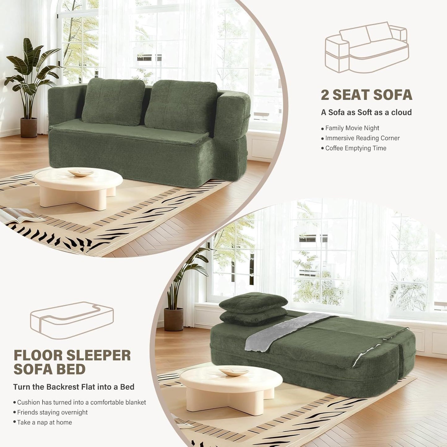 Convertible Sofa Bed With Blanket, Boneless Cloud Couch Queen Fabric For Living Room Bedroom, Modular Loveseat With High-Density Solid Sponge No Assembly,Green.