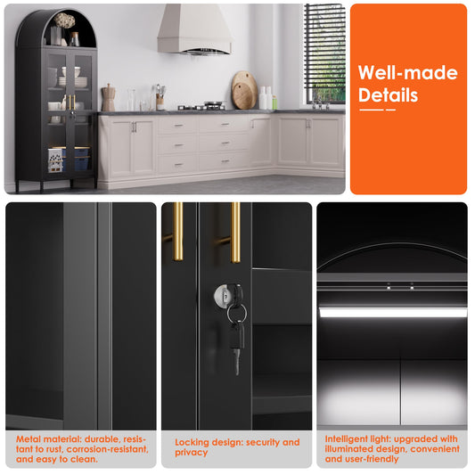 Metal Arched Bookcase Cabinet With 3 LED Strips,Lockable Arched Display Cabinet With Glass Doors For Living Room, Home,Office, Assembly Required Black