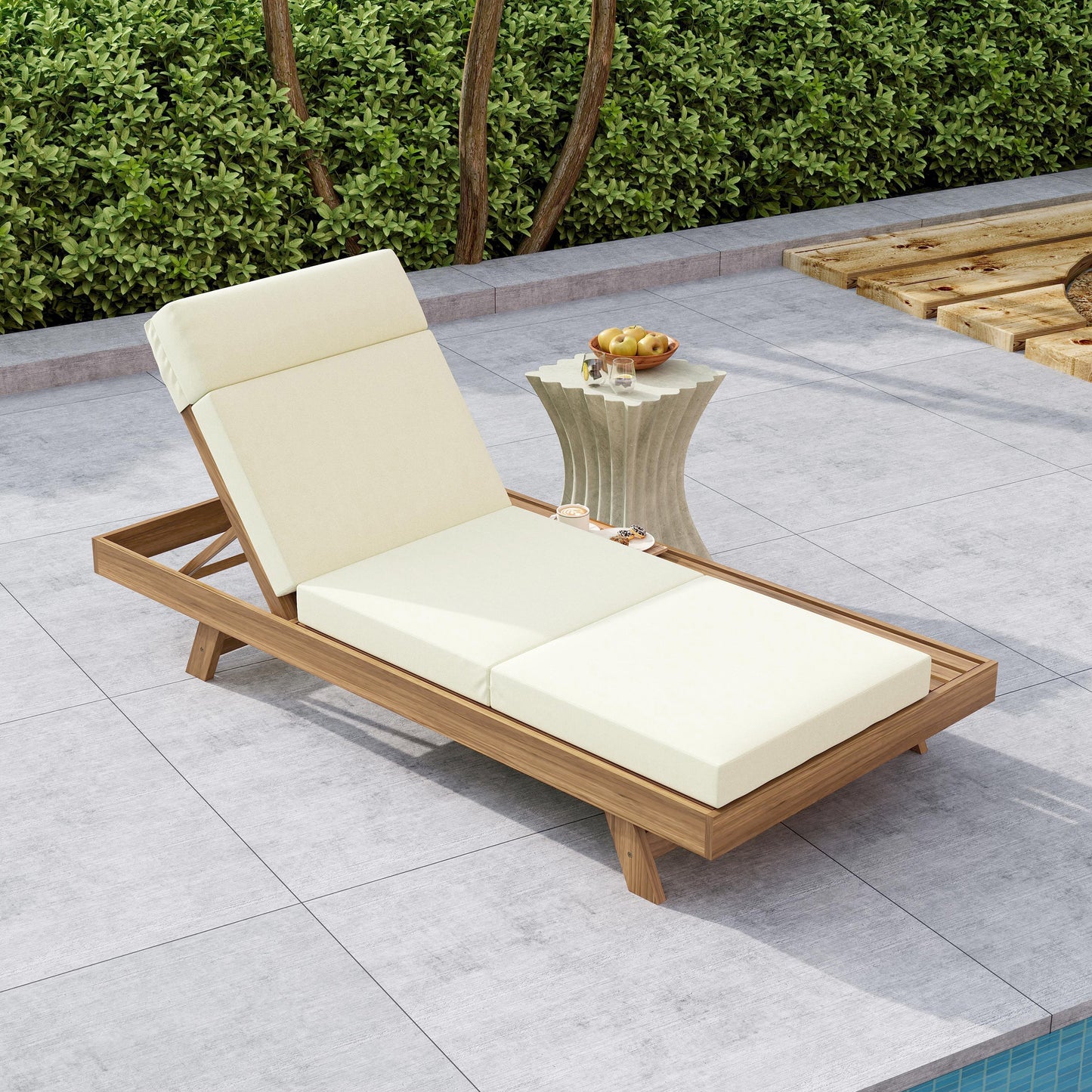 Lounge Chaise Set With Headrest, Space Available On One Side, Acacia Wood In Light Brown With Water-Resistant Lounge Cushions Beige & 3-Fold & 4 Inch -Matching Dark Grey Cream Version Available