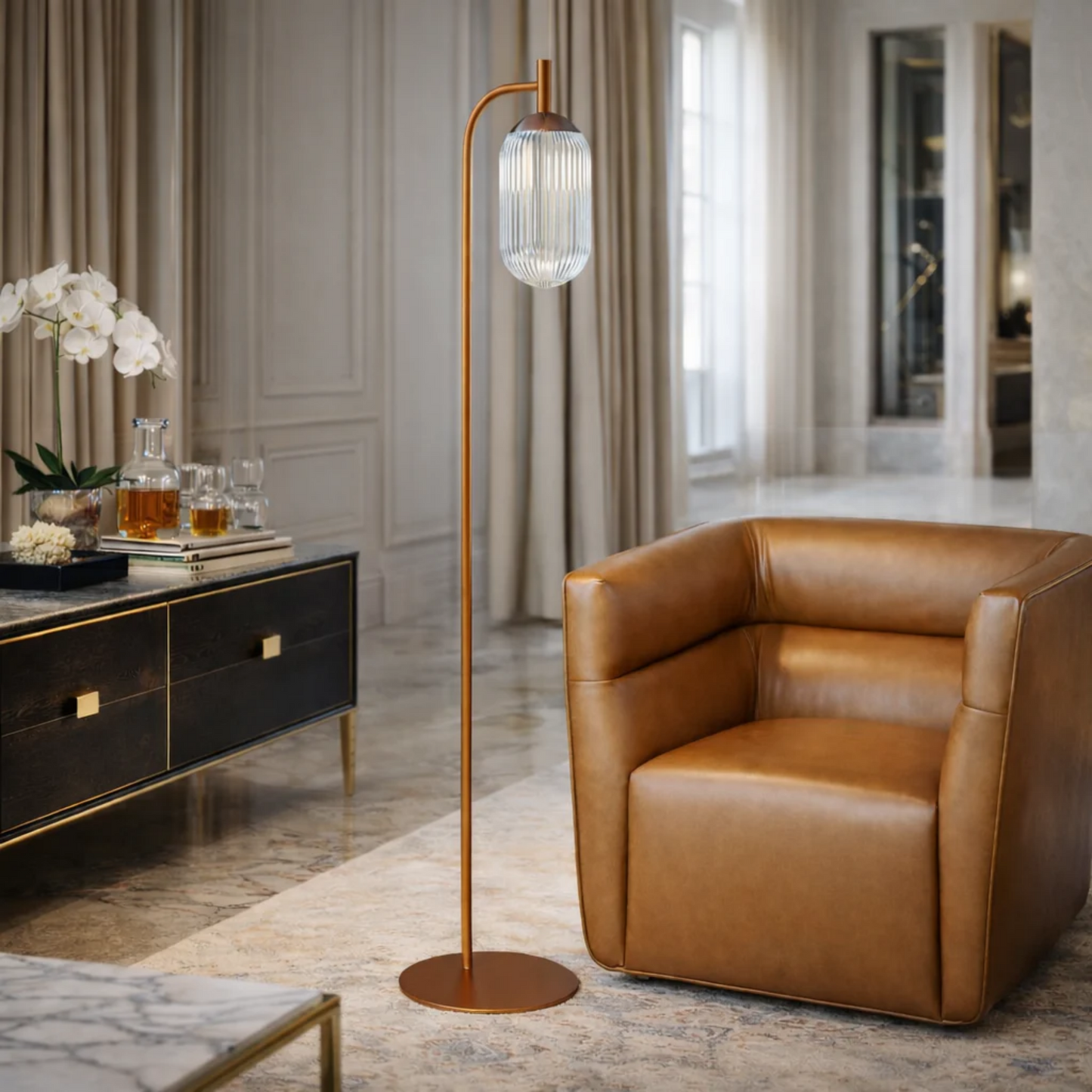 Classic Modern Floor Lamp, Upward Lighting Design For Living Room Ambience, Bedroom & Office Space Vela Floor Lamp Bronze And Clear 110-120V