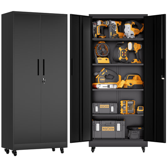 Garage Storage Cabinet With Wheels And Lock, 71 Inch Heavy Duty Rolling Metal Cabinet, 4 Adjustable Shelves 180lb Each , 3-Point Locking Security, For Tool Organization In Garage, Workshop, Office