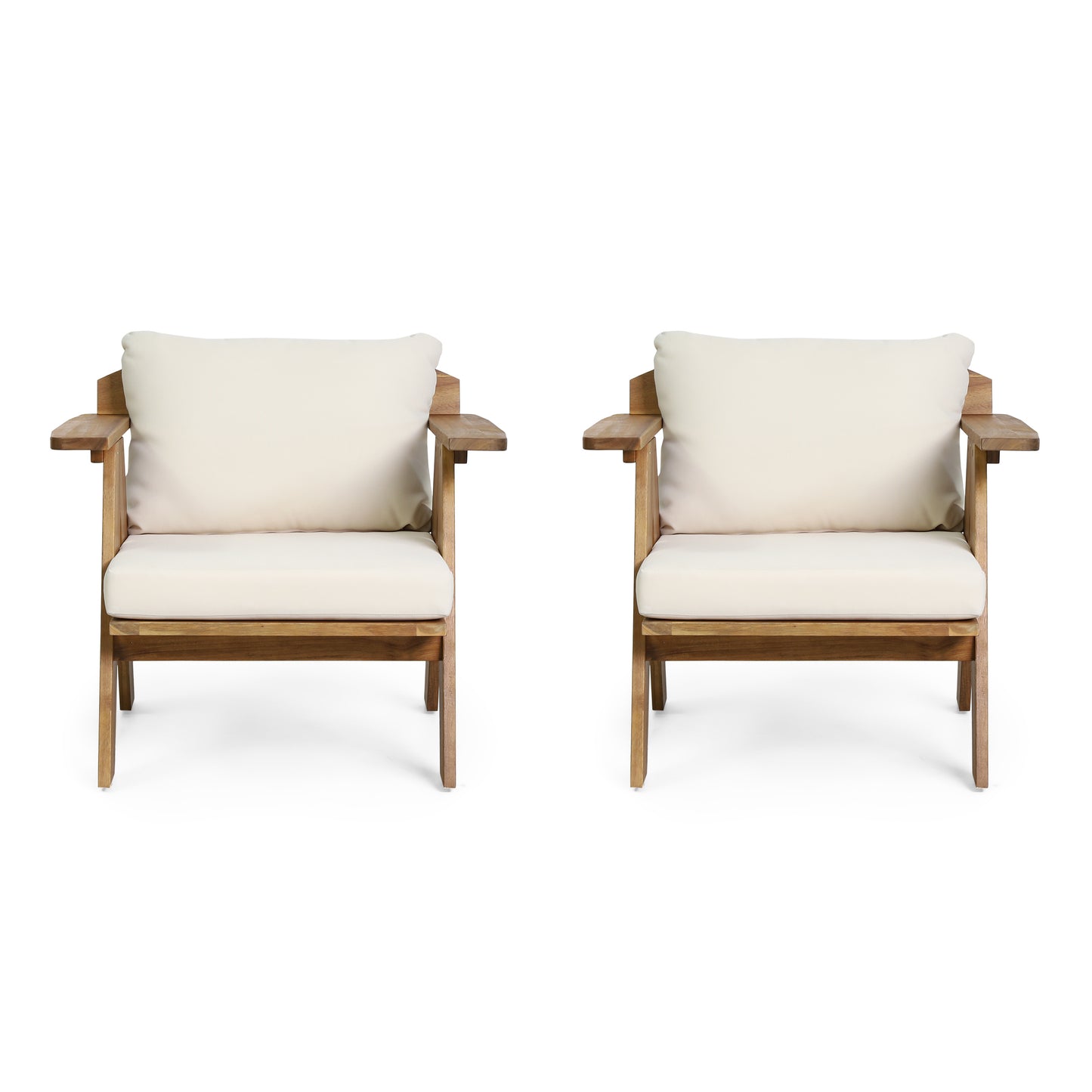 Outdoor Acacia Wood Club Chairs With Cushions Set Of 2 , Teak Finish Beige, 30.75 W X 30.25 D X 26.00 H