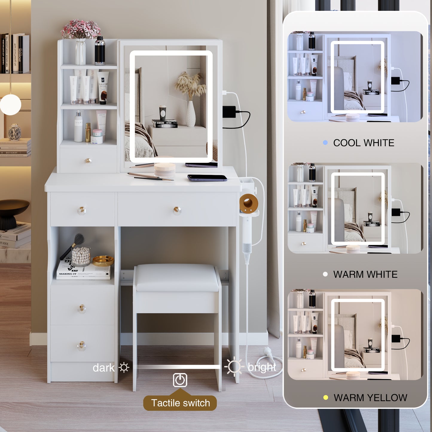 29.2 Small Size Left Drawer Desktop Vanity Table Cushioned Stool, 2 AC 2 USB Power Station, Hair Dryer Bracket, Extra Large Touch Control Sliding LED Mirror, Tri-color Switching, Brightness Adjust