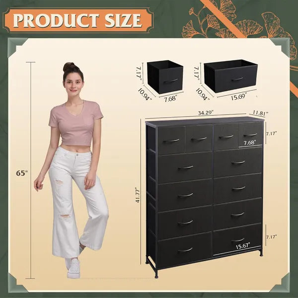 Tall Dresser For Bedroom With 12 Drawers, Dressers & Chests Of Drawers, Fabric Dresser For Closet, Living Room, Storage Dressers With Storage Drawers, Steel Frame, Wood Top