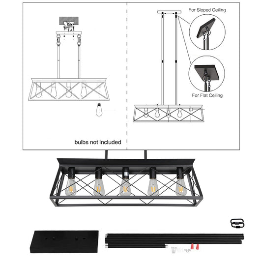 32-inch Black Industrial 5-Light Pendant Chandelier, Modern Metal Cage Design, Adjustable Hanging Light For Dining Room, Kitchen, Living Room Bulb Not Included