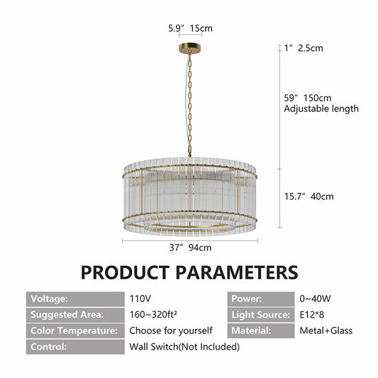 37 Modern Gold Round Chandelier,2-Tier 8-Light Water Ripple Crystal Glass Chandeliers,for Dining Room,Living Room,Bedroom,High Ceiling,Foyer Entryway,Luxury Chandelier