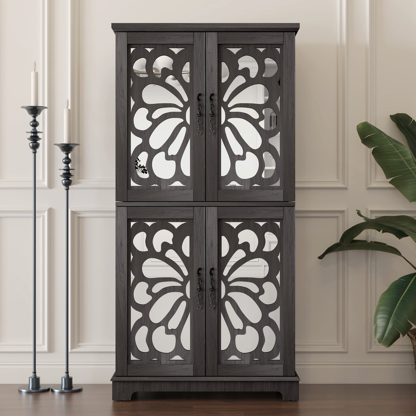 Display Sideboard Buffet With 4 Acrylic Mirrored Doors, Adjustable Shelves Storage Cabinet For Kitchen, Living Room, Bedroom Cabinet, MDF Dark Brown Finish