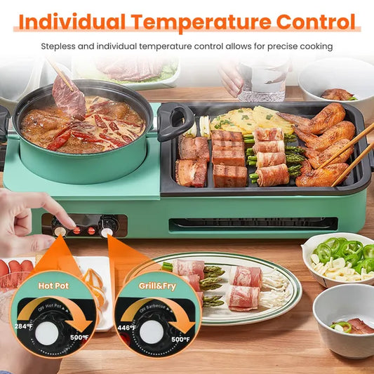 Electric Grill And Hot Pot Combo - 1600W Smokeless Korean BBQ Grill With Dual-Zone Cooking Non-Stick Surface & Adjustable Temp Control For 3-6 People Indoor/Outdoor Use