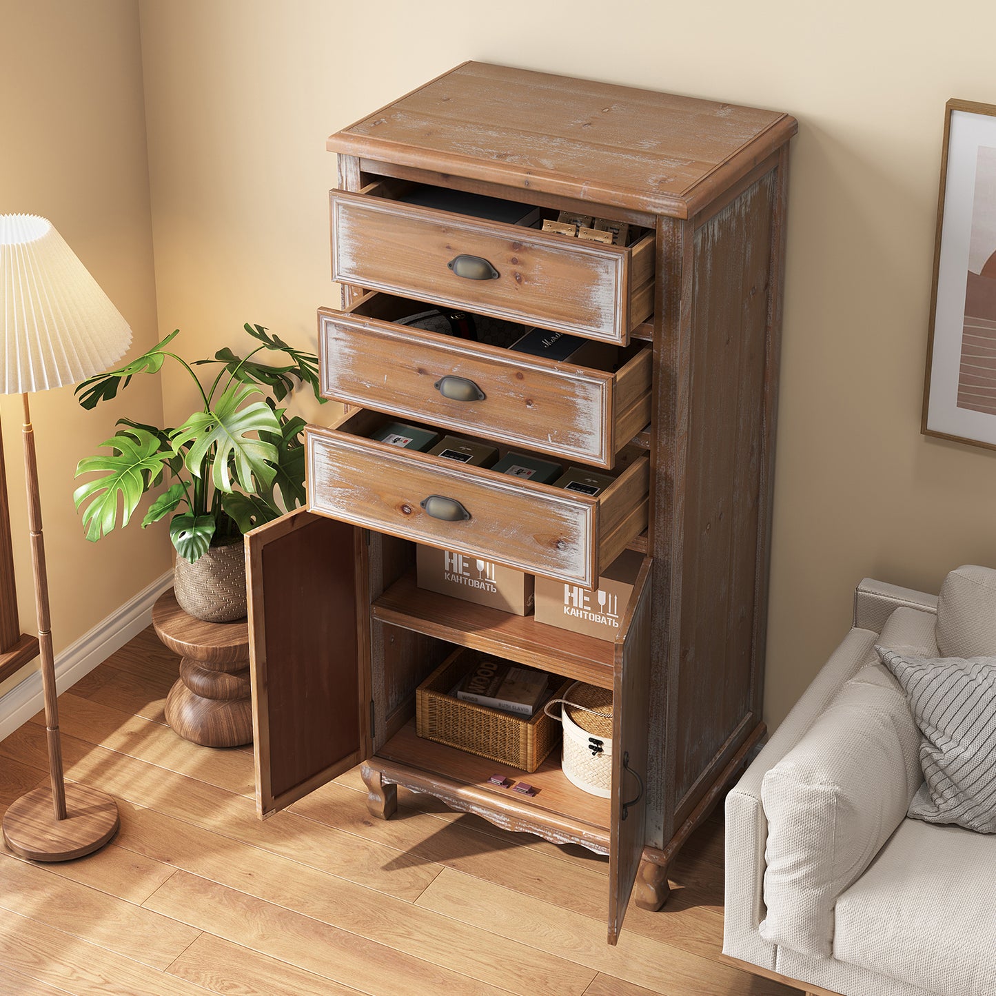 Rustic Wooden Storage Cabinet With Decorative Cutout Door & 3 Drawers, Tall Narrow Organizer For Living Room, Bedroom Natural Wood