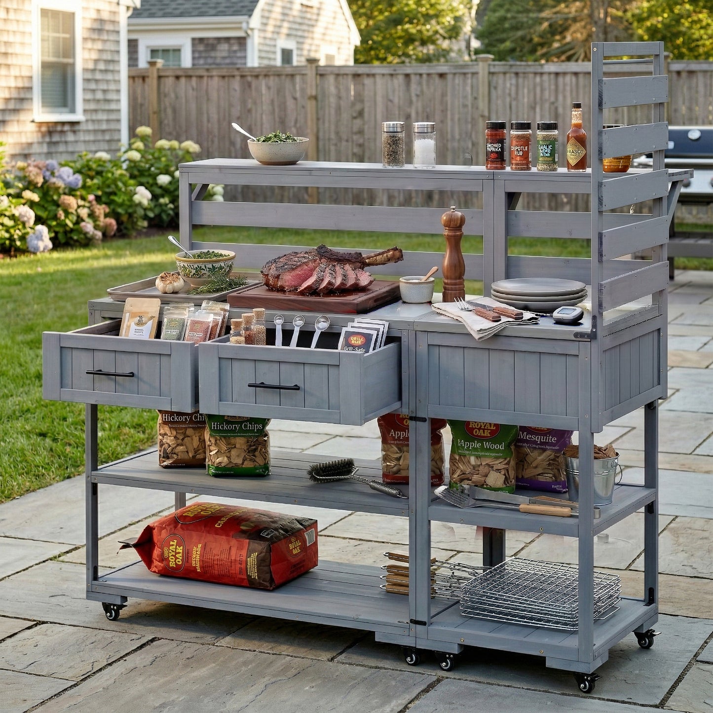 With Assembly Video TOPMAx 62.3 Patio Kitchen Island Solid Wood Kitchen Cart With Stainless Table Top Garden Potting Bench With Raised Shelf And Drawers Grill Prep Table For BBQ Party Gray