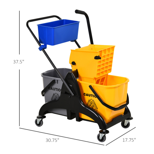 HOMECOM 6.9 Gallon Mop Bucket Swivel Arm Cart With Easy-to-use Side Pressure Swivel Arm Smooth Wheels And Mop Handle Bracket