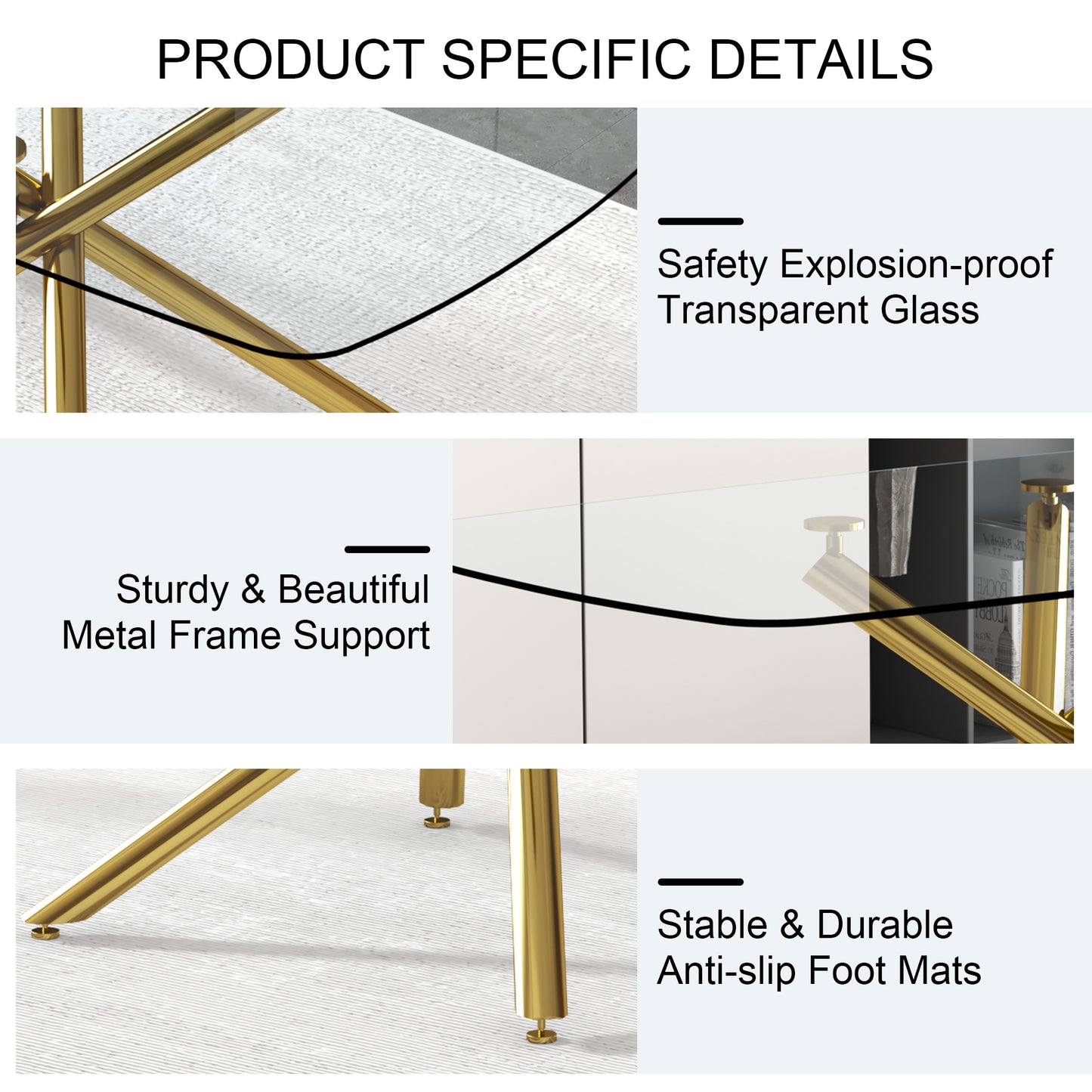 Large Modern Minimalist Rectangular Glass Dining Table With 0.39inTempered Glass Top And Gilded Metal Legs For Kitchen, Dining Room, Living Room, Meeting Room, Ballroom 71inX 35.4inX 30in.W1151S00840
