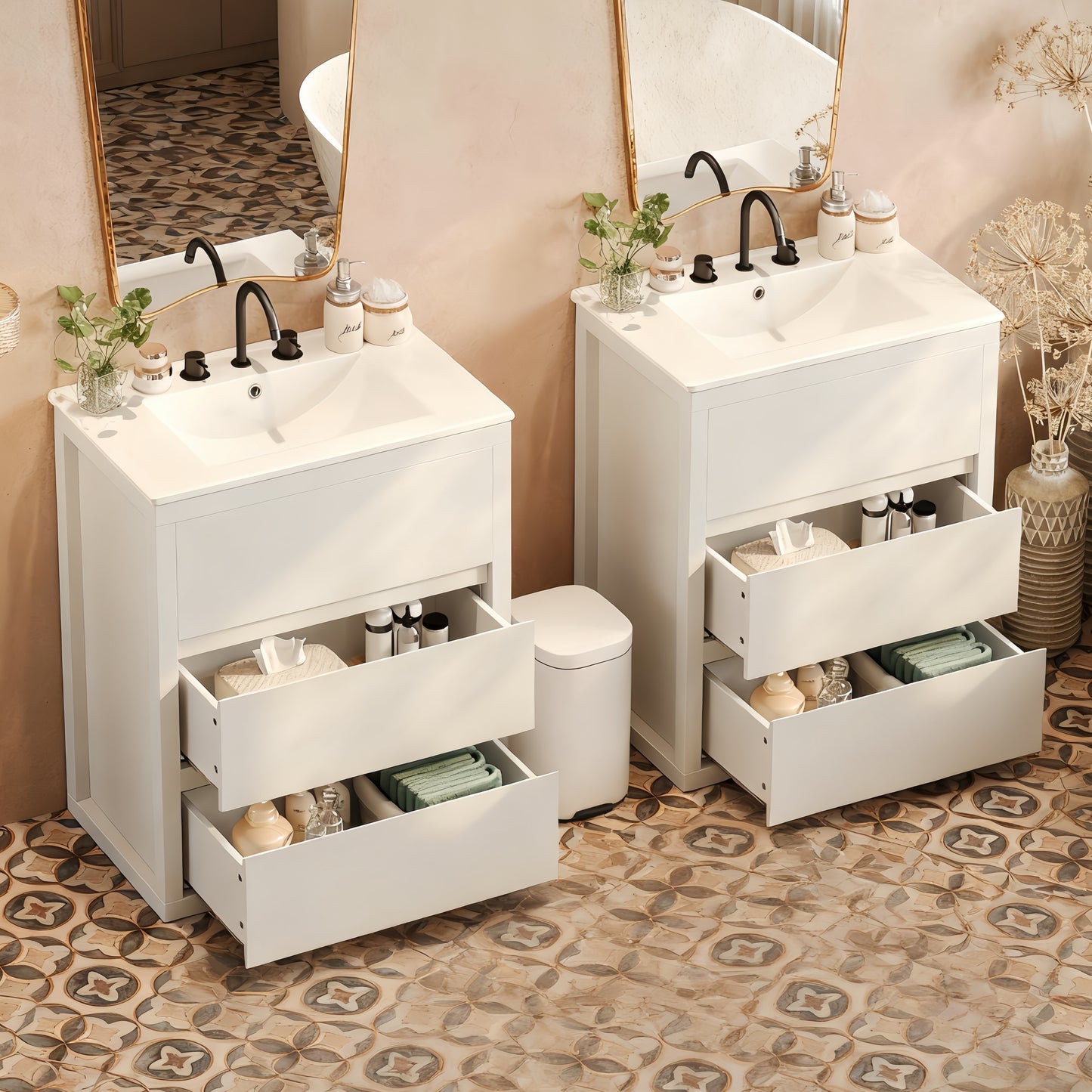 60 Double Sinks Bathroom Vanity Set, Bathroom Cabinet With Two Separate Ceramic Sinks, Full-Extension Drawers & Soft Close Undermount Drawer Slides, White