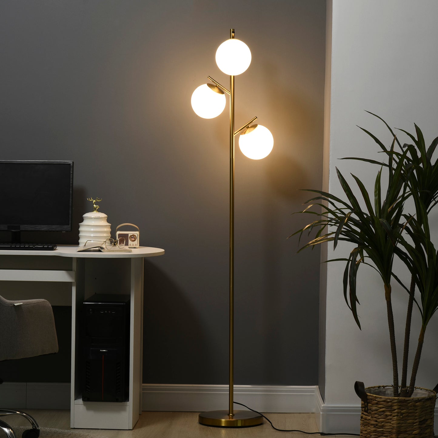Modern 3-Light Floor Lamp For Living Room, Tree Standing Lamp With Globe Lampshades, 10.75"x10.75"x66.5", Gold