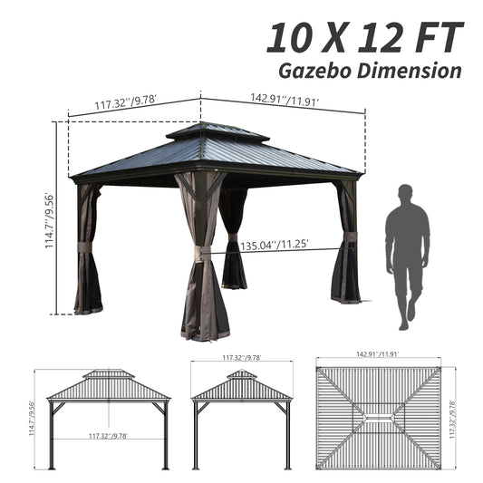 10 X 12 Hardtop Gazebo, Upgraded Metal Gazebo With Drainage System, Dual-Layer Galvanized Steel Roof, Curtain And Netting, Outdoor Shelter Canopy For Patio, Garden, And Backyard, Brown