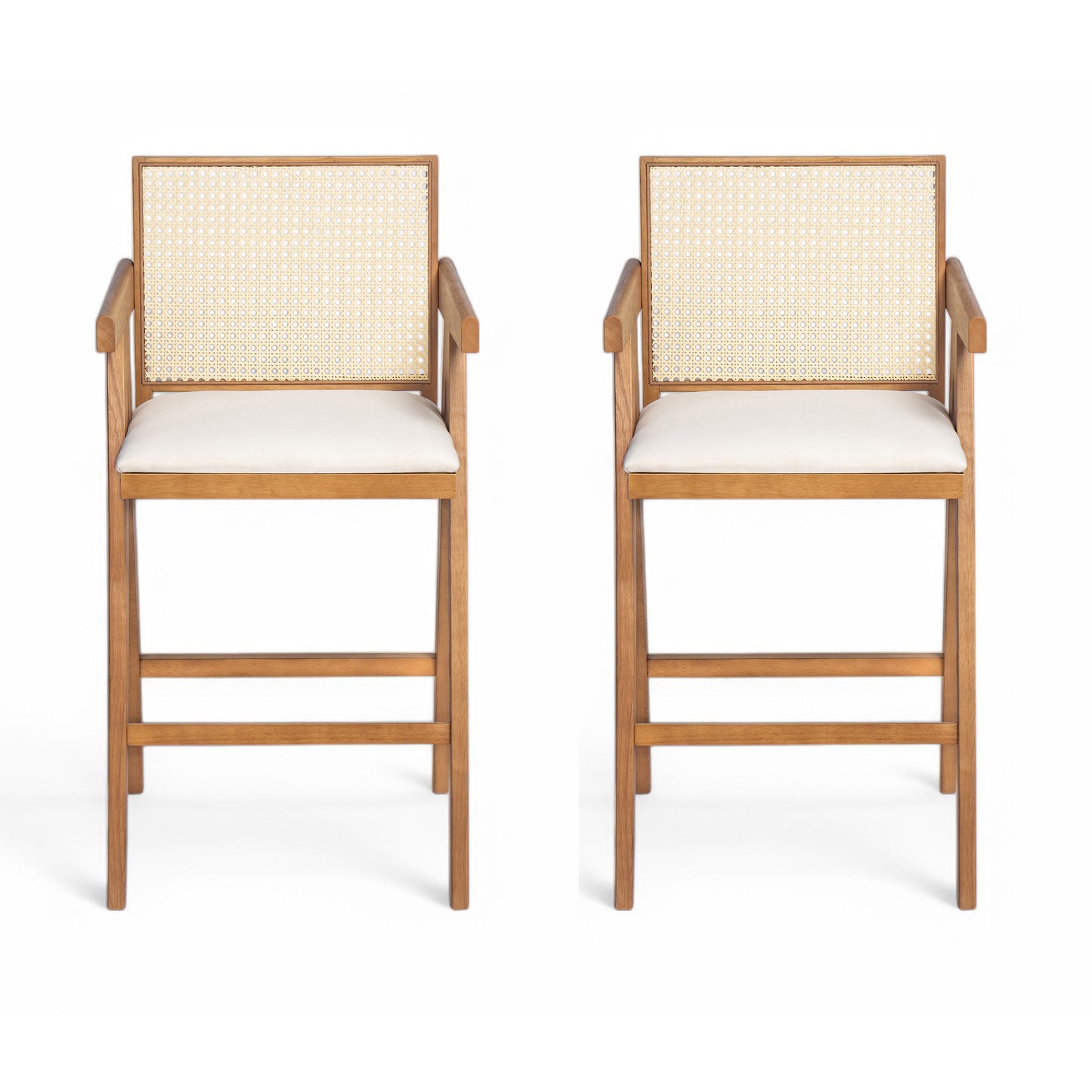 27 Height, Cream Woven Cane Plastic Backrest Bar Stool - Foam-Padded Fabric Seat & Durable Rubberwood Frame
