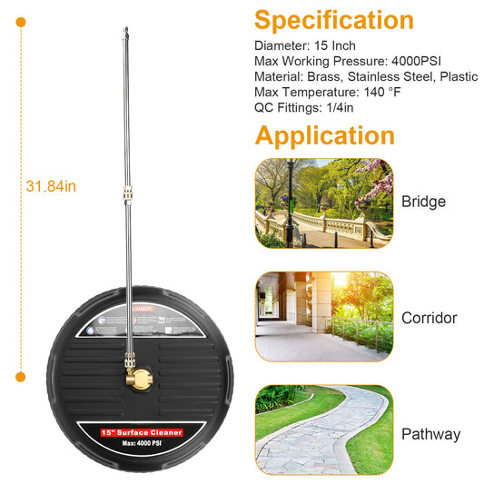 1 Set 15in High Pressure Flat Surface Cleaner 4000PSI Disc Power Washer Broom With 2 Washer Extension Wands 2Pc Replacement Nozzles