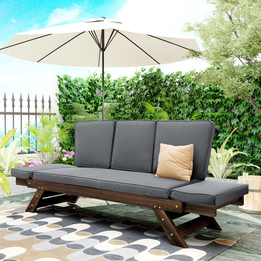 TOPMAx Outdoor Adjustable Patio Wooden Daybed Sofa Chaise Lounge With Cushions For Small Places Brown Finish Gray Cushion