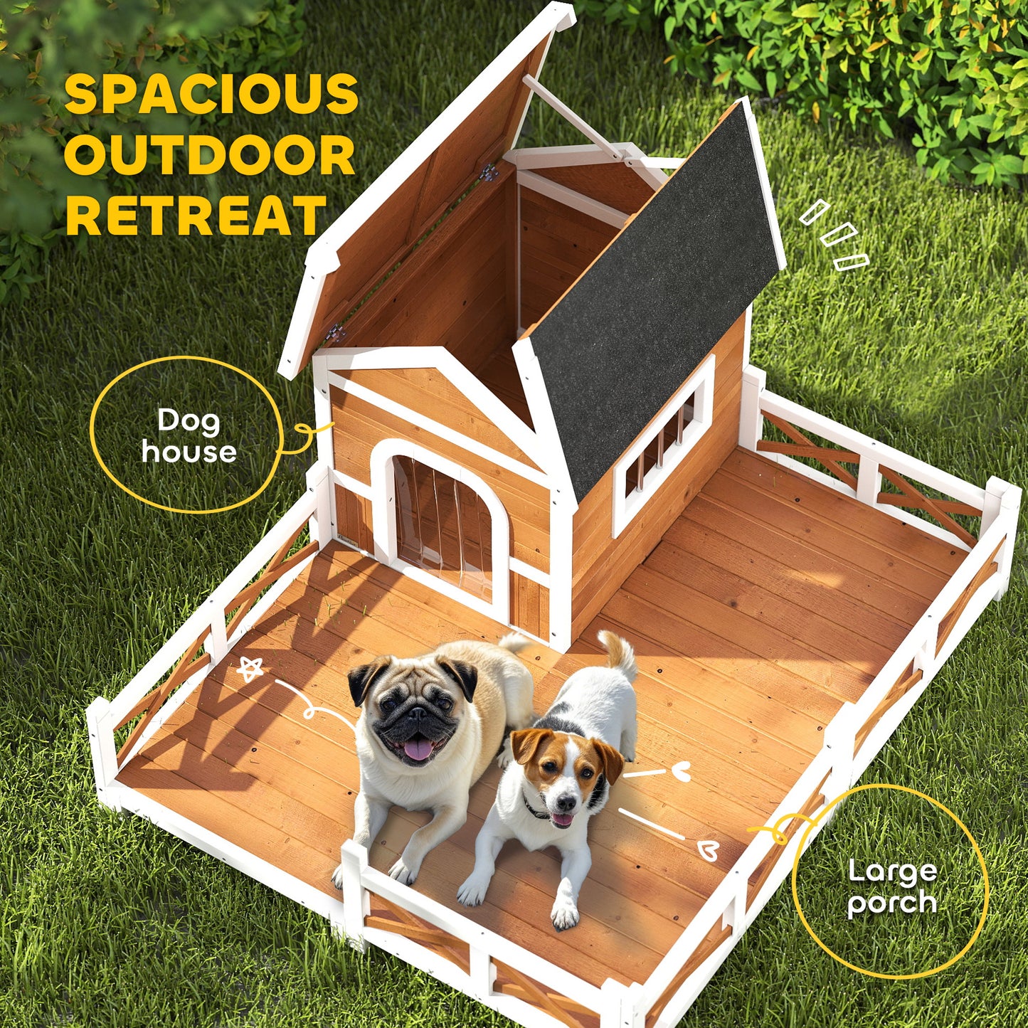 Outdoor Wooden Dog House, Dog Shelter With Large Porch, Weatherproof & Openable Roof, Elevated Base, Removable Floor