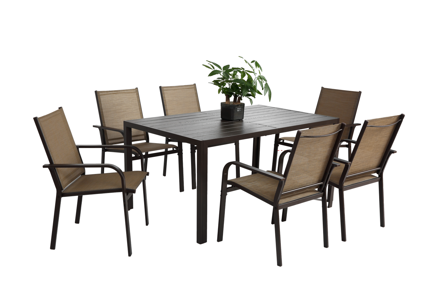 7 Pieces Patio Dining Set, Outdoor Furniture Table And 6 Textilene Chairs, Outdoor Furniture With Rectangular Table And 6 Stackable Chairs Family Conversation Set For Garden Backyard Deck-Brown
