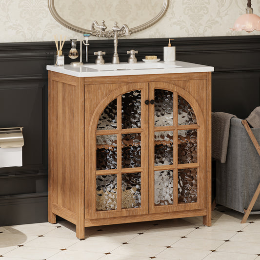 30 Inches Bathroom Vanity With Ceramic Sink, Vintage Rustic Bathroom Cabinet With Bronze Pulls And 2 Soft-Closing Doors, Antique Natural