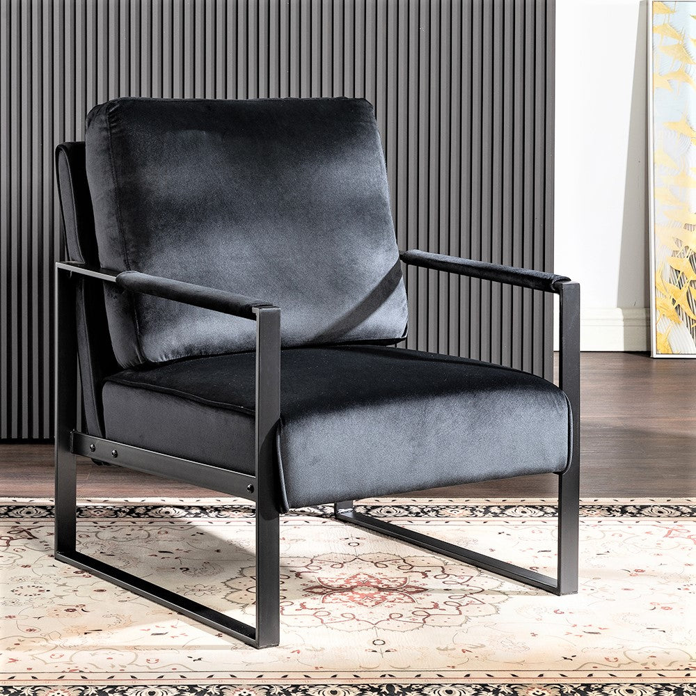 Classic Mid Century Modern Accent Chair With Durable Square Metal Frame, Armchair For Living Room, Bedroom, Home Office In Plush Velvet Upholstery, Black