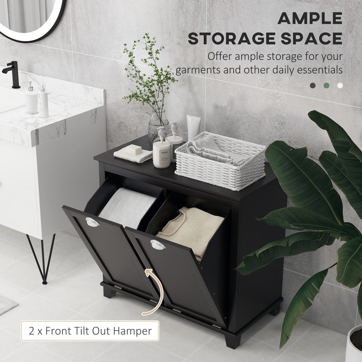 Bathroom Storage Cabinet, Tilt-Out Laundry Hamper With 2 Compartments, Black