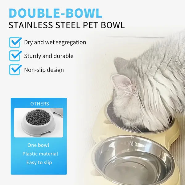 Anti Slip Base Double Cat Food Bowl, Yellow Stainless Steel Food And Water Bowl, Easy To Clean And Detachable Design, Cat And Dog Pet Feeder