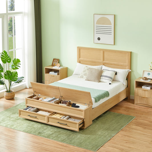 Queen Size Bed With 3D Geometric Headboard & Storage Bench - 4-Drawer Storage, Modern Bedroom Furniture,Oak.