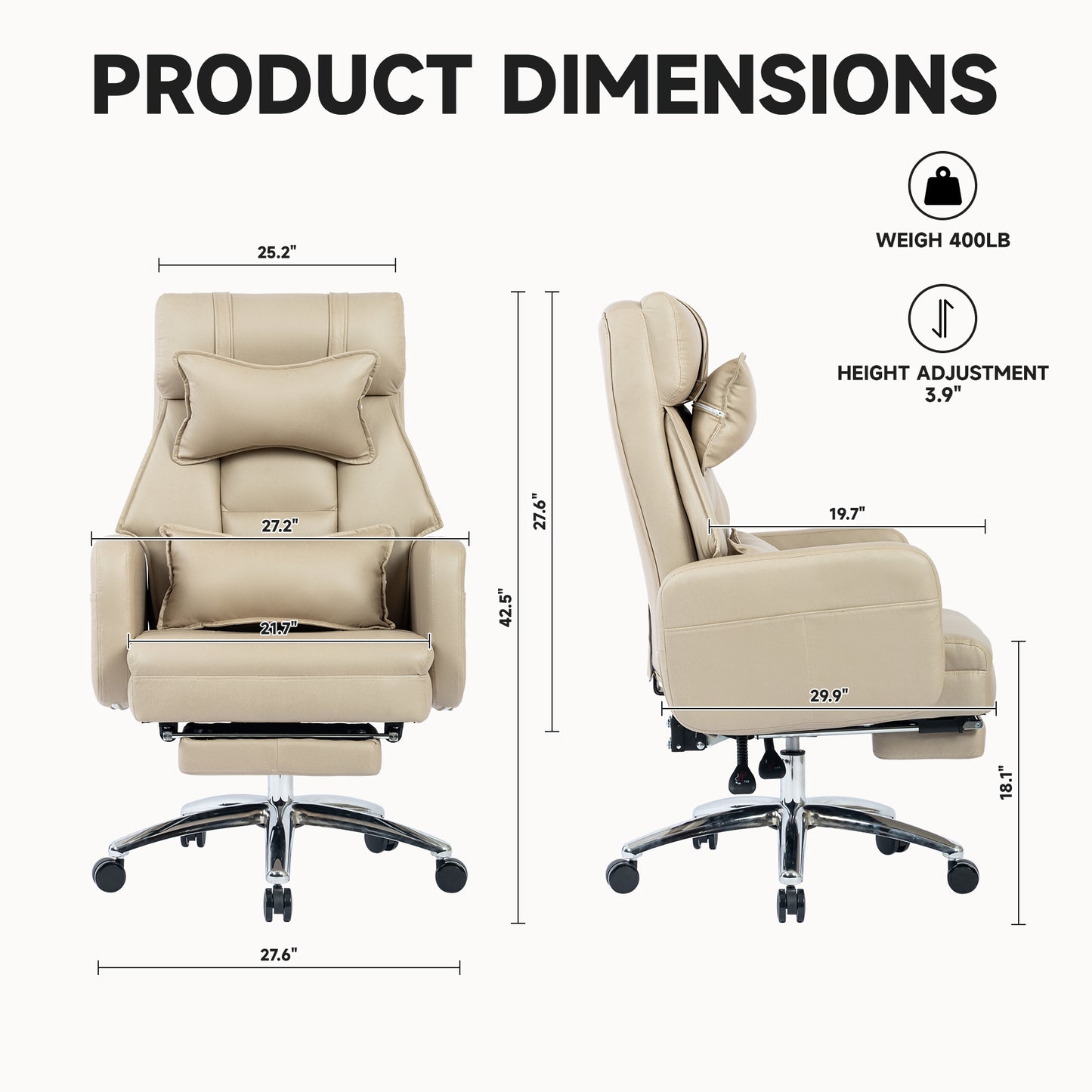 Swivel Ergonomic Office Chair, Technology Leather High Back Office Chair With Lumbar Support Headrest, Sedentary Comfortable Boss Chair, 155 Reclining Computer Chair Color Beige