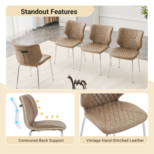 Dining Chairs Set Of 4, Khaki Oil Waxed Leather Dining Chairs With Electroplated Metal Legs, Adjustable Non-Slip Foot Pads, Diamond-Tufted High Back Upholstered Dining Room Chairs Khaki, Set Of 4