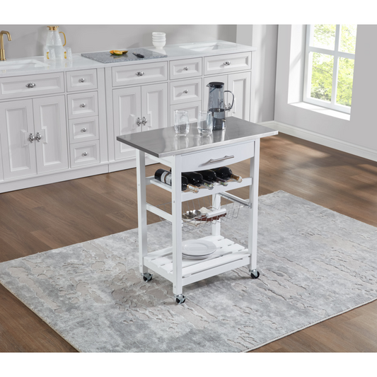 Mobile Rolling Kitchen Island Trolley Serving Cart With Underneath Drawer & Slide-Out Wire Storage Basket